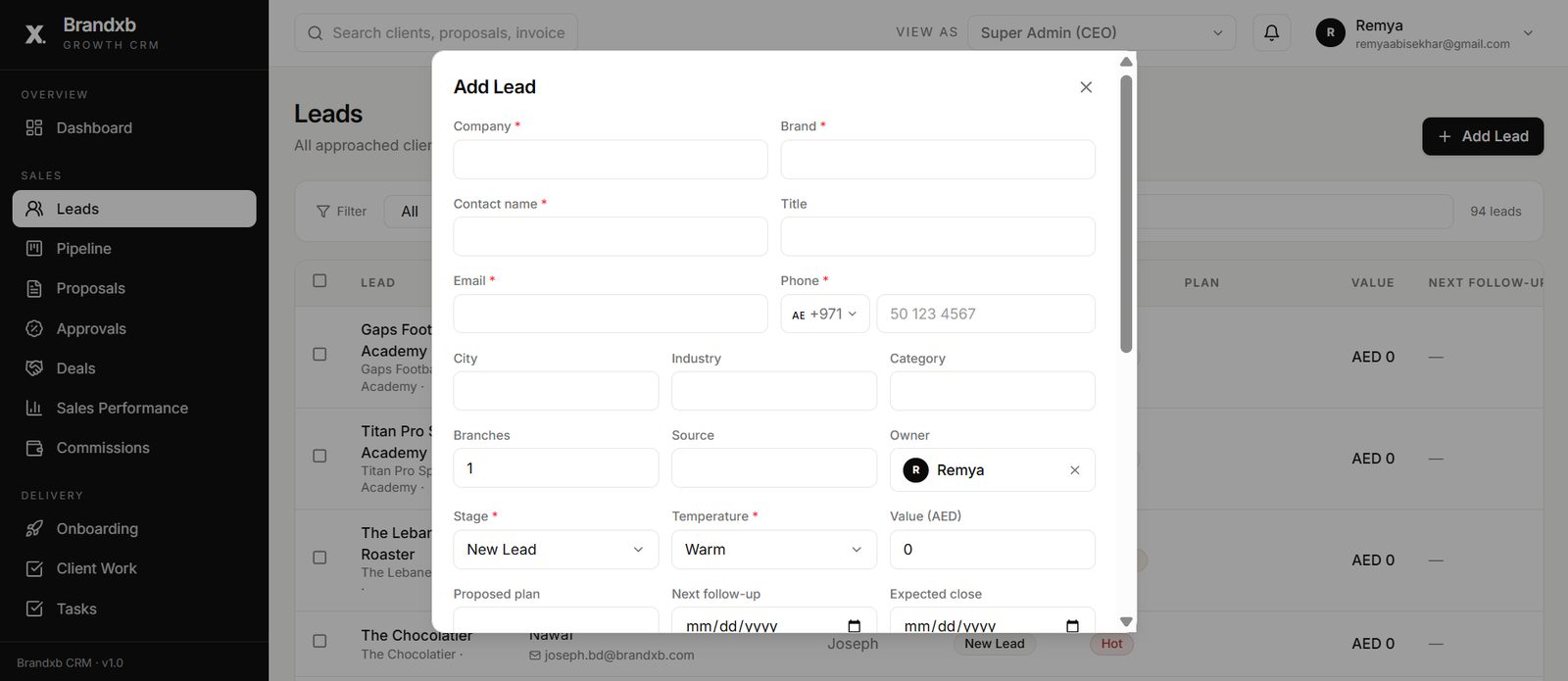 Add lead — structured capture with stage and temperature