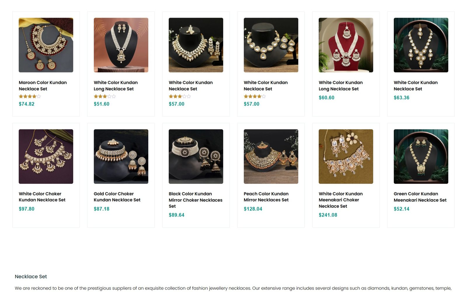 Necklace sets grid with ratings and prices